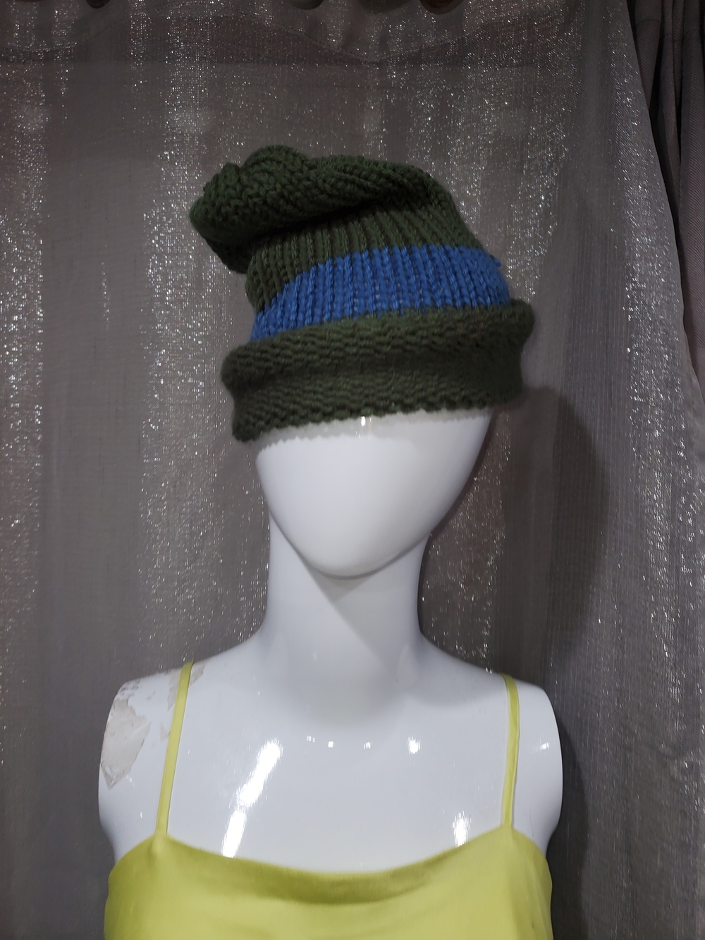 Knit Slouch Beanie Hat in Olive with Blue Stripe